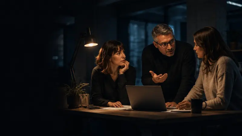 A working session — one person explaining, two engaged, under a single warm lamp