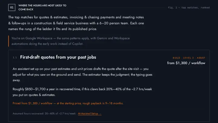 An Opportunity Check brief: where the hours are most likely to come back, starting with first-draft quotes from past jobs, priced from $1,300 per workflow with a rough payback of 9 to 18 months